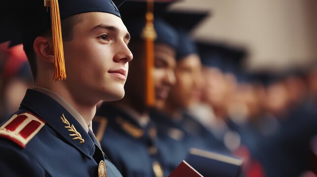A military academy graduation ceremony, with soldiers in uniform receiving diplomas, highlighting the successful completion of military education programs