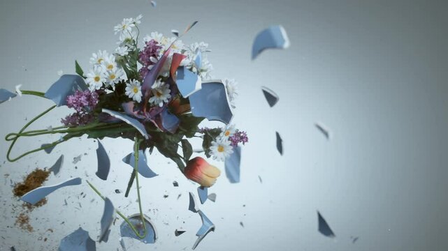  vase with fake flowers shattering in super slow motion  