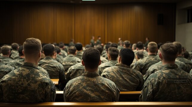 A military academy lecture hall filled with soldiers attending a strategic studies course, with instructors discussing military history and modern applications