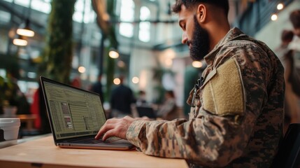 A military veteran attending a job skills workshop, preparing for a civilian career, with a focus on transferable skills and new certifications