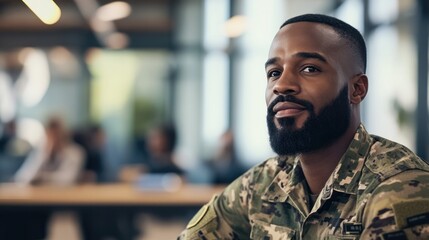 A military veteran attending a job skills workshop, preparing for a civilian career, with a focus on transferable skills and new certifications