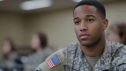 A military veteran attending a job skills workshop, preparing for a civilian career, with a focus on transferable skills and new certifications