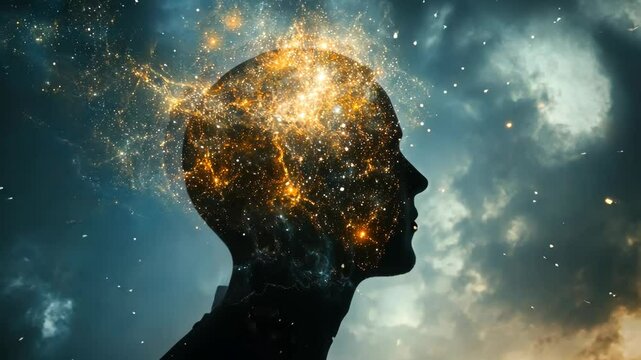 A silhouette of a person's head with a glowing galaxy inside, representing the vastness and complexity of the human mind