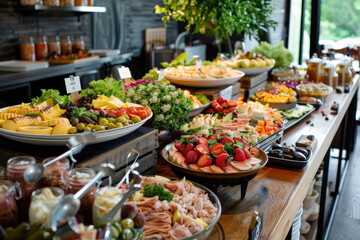 Fototapeta premium Buffet food catering food party at restaurant mini canapes snacks and appetizers