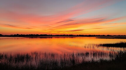 Obraz premium A peaceful lake reflecting the vibrant colors of a sunrise.