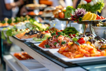 Buffet food catering food party at restaurant mini canapes snacks and appetizers