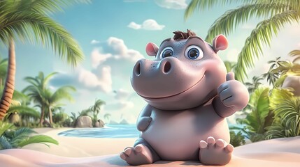 Naklejka premium Baby hippo giving a thumbs up 