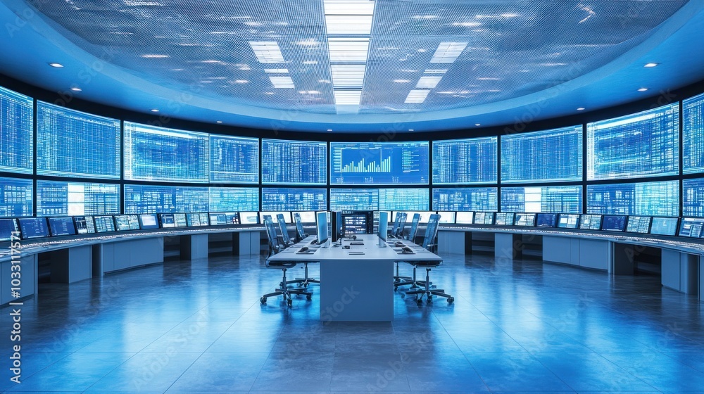 Poster Modern Control Room with Numerous Blue Screens Displaying Data and Charts
