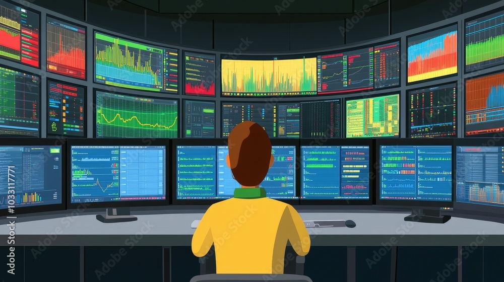 Poster a specialist operator working in a data center, sitting at a desk in front of numerous monitors with