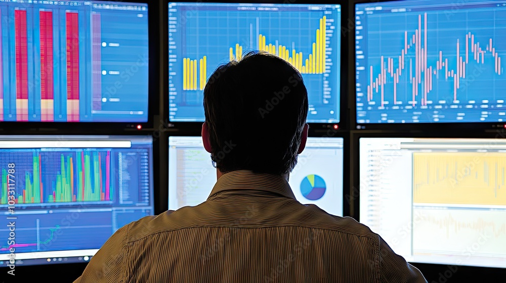 Poster a specialist operator working in a data center, sitting at a desk in front of numerous monitors with