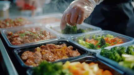 Obraz premium A professional meal prep service preparing halal beef and chicken dishes in organized meal containers for a healthy lifestyle