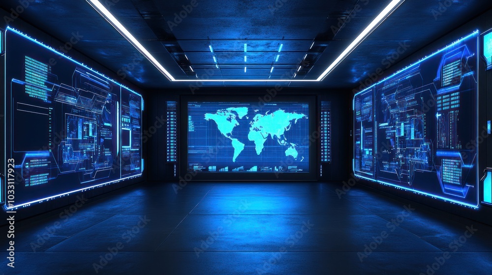 Aufkleber Futuristic Corridor with World Map Display and Neon Lights