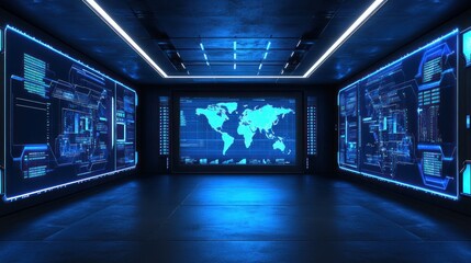 Fototapeta premium Futuristic Corridor with World Map Display and Neon Lights