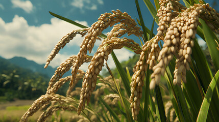 Ripe Rice Stalks in a Lush Green Field Under a Blue Sky