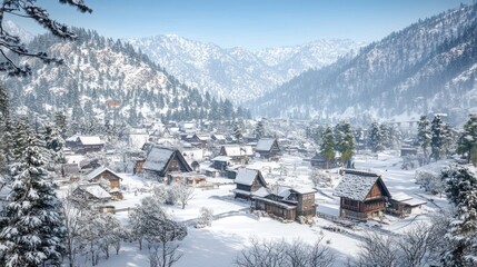 A serene winter landscape with a traditional Japanese village nestled in the snow-covered valley, surrounded by mountains under a clear blue sky.