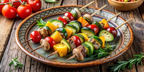 Grilled Vegetable Skewers on a Rustic Plate with Herbs