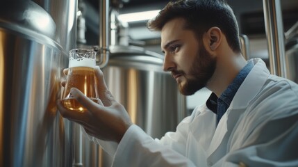 A scientist examines a glass of beer in a brewery, showcasing a blend of craftsmanship and science in brewing.
