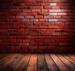 A spotlight illuminates a brick wall in a dimly lit, industrial loft. The wooden floor adds a rustic