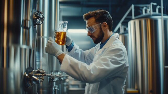 A scientist inspects a glass of beer in a brewery, showcasing the intricate process of brewing in a modern facility.