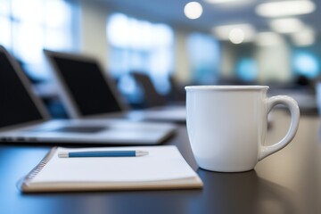 Fototapeta premium A collection of laptops and notepads on a meeting table with coffee mugs.