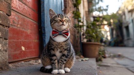 A tabby cat with a bowtie sits on the stoop of a building.