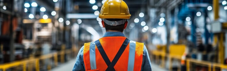 A construction worker in a safety helmet and vest observes a busy industrial setting, highlighting workplace safety and management.