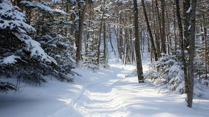 Fototapeta premium A snow-covered path winds through a winter forest, sunlight filtering through the trees.