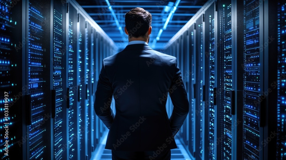Poster an operator working in a data center, focused on multiple screens showing live charts, system analyt