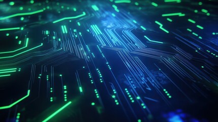 Fototapeta premium A digital circuit board background with neon green lines on a dark blue surface