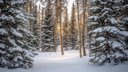 Fototapeta premium Sunbeams break through a snowy forest, illuminating the trunks of tall trees and casting long shadows on the white ground.