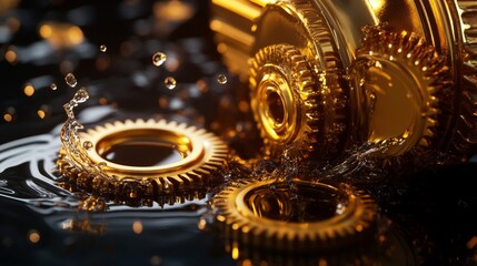 A close-up view of golden gears submerged in oil, emphasizing mechanical precision and lubrication in an industrial setting.