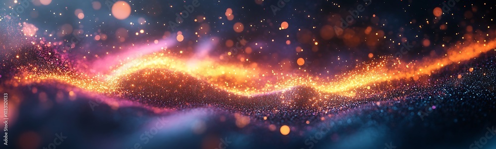 Poster a vibrant, abstract scene featuring flowing waves of light and sparkling particles against a dark ba
