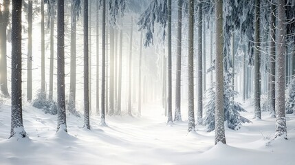 Naklejka premium Sunlight beams through a snowy forest, illuminating a path through the trees.