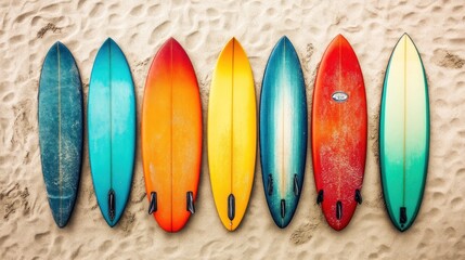 Row of Colorful Surfboards on Sandy Beach