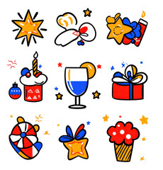 Colorful celebration icons with festive elements