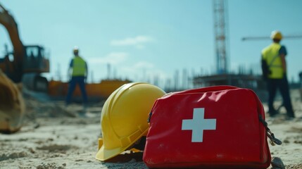 A construction site with a yellow hard hat and a red first aid kit on the sandy ground, showcasing safety measures and teamwork.