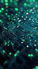 A digital circuit board background with neon green lines on a dark blue surface