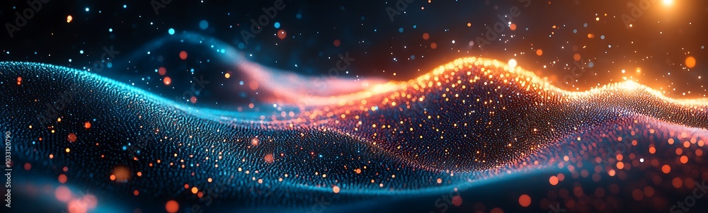 Poster A vibrant digital wave of colorful particles, showcasing a blend of blue and orange hues, creating a dynamic and mesmerizing visual effect.