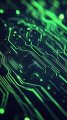 Obraz premium A digital circuit board background with neon green lines on a dark blue surface