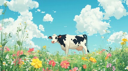 A black and white cow stands in a field of wildflowers against a blue sky with white clouds.