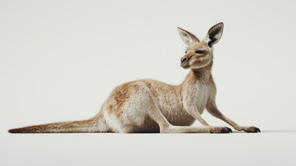 A red kangaroo lies on a white background, looking to the left.