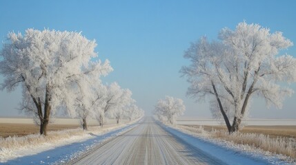 Obraz premium A long, straight road lined with frost-covered trees on a clear, winter day.