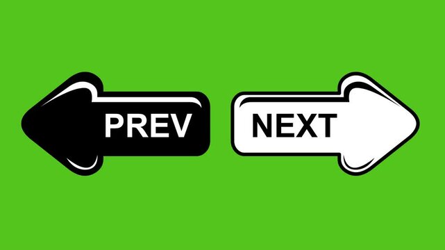 video animation black and white icon arrows with prev and next text word, on a green chroma key background