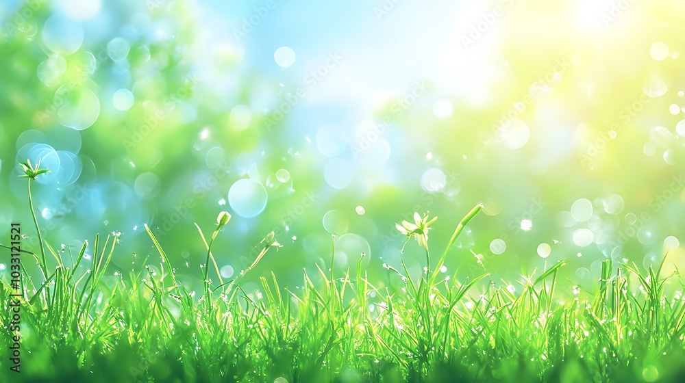 Poster a serene scene of lush green grass illuminated by soft sunlight, creating a peaceful, refreshing atm
