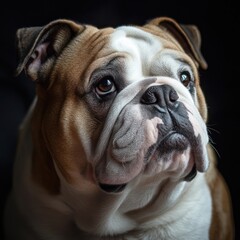 A close-up portrait of a bulldog looking up with a serious expression.