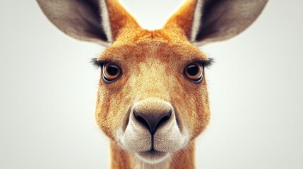 Close-up portrait of a kangaroo looking directly at the camera with big brown eyes.