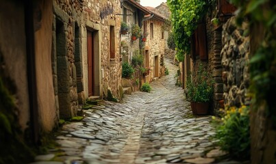 Obraz premium Cobblestone street in a medieval village.