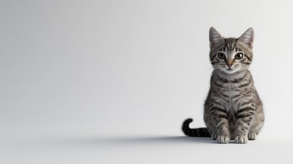 Obraz premium A tabby kitten sits in front of a white background, looking at the camera with a curious expression.