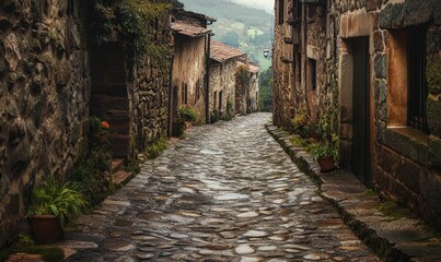 Cobblestone alleyway through stone buildings.