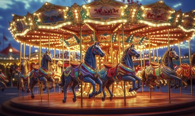 Obraz premium Carousel horses with golden lights at night.
